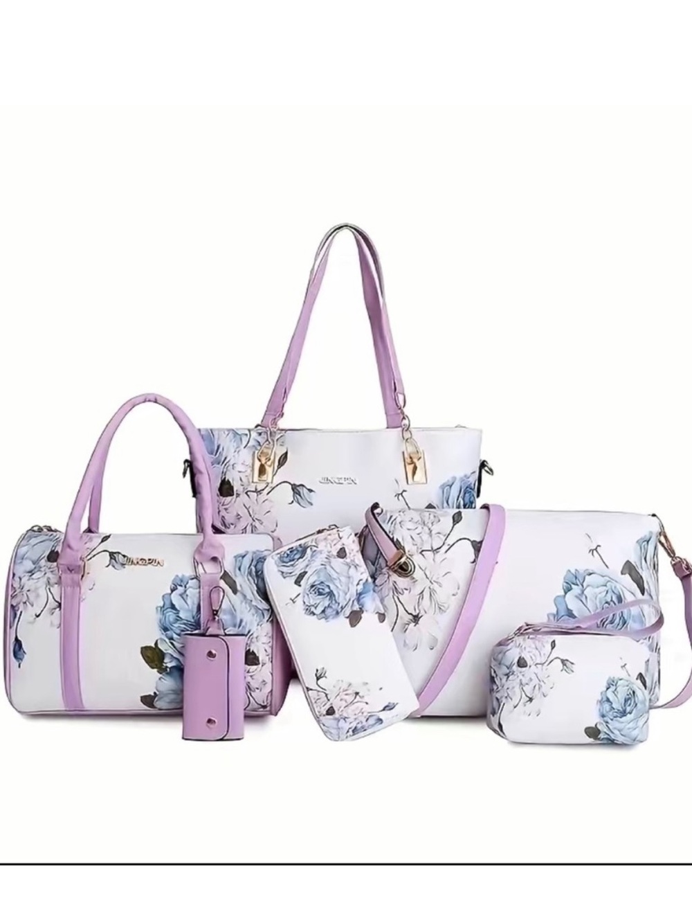Floral Lavender Trim Women’s Handbag Set - 5pcs